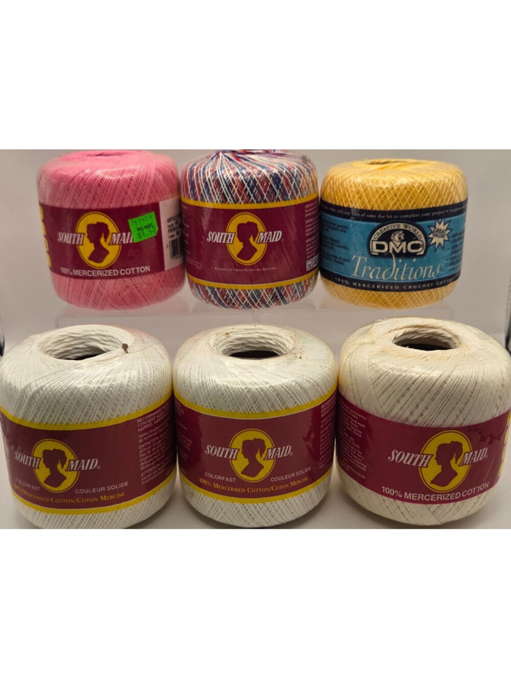 Lot 6 South Maid DMC Crochet Thread Size 10 Cotton White Pink Yellow Variegated